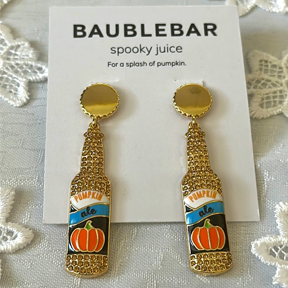 BaubleBar Pumpkin Ale Bottle gem inlay Earrings “Spooky Juice” glass Bottle look